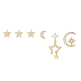 6 Pieces Celestial Star & Moon Earring Set, 18k Gold Plated Stud & Drop, S925 Needle, Stacked Lobe Designs with Dazzling Zirconia