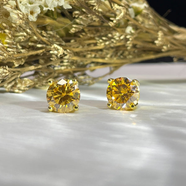 S925 Champagne Gold Moissanite 4-Prong Stud Earrings, 0.5-3ct D-Grade VVS Certificate, Unisex Hypoallergenic Sterling Silver Gift