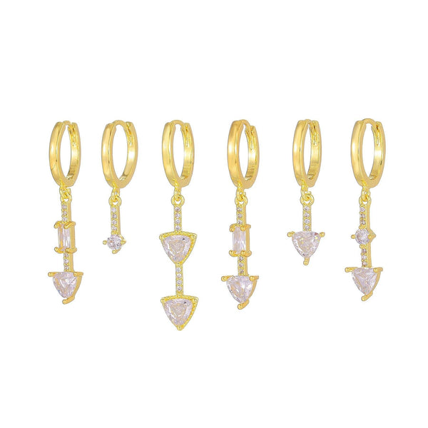 6 Pieces Geometric Prism Drops Earring Set, 18k Gold Hoop with Drops, S925 Needle, Stacked Lobe Designs with Dazzling Zirconia