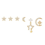 6 Pieces Celestial Star & Moon Earring Set, 18k Gold Plated Stud & Drop, S925 Needle, Stacked Lobe Designs with Dazzling Zirconia