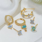 Multi Sets of Blue Flower Pierced Earrings, 4-6pcs, 18k Gold Plated Stud Drop Hoop Huggie Cuff Chain, S925 Needle, Stacked Lobe Designs with Dazzling Zirconia