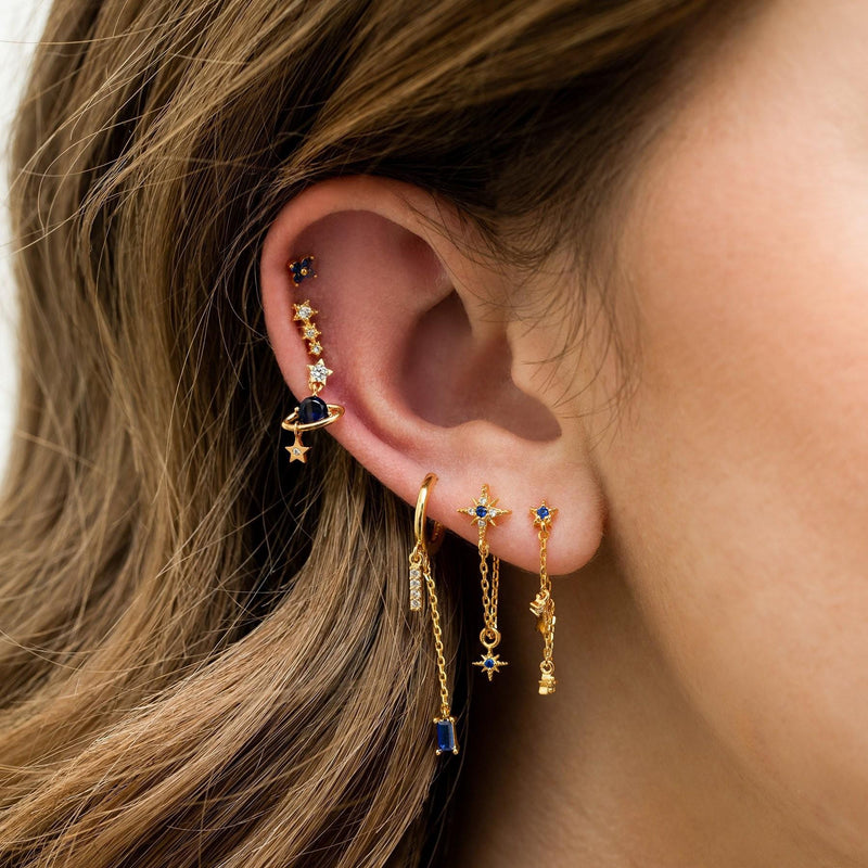 Multi Sets of Blue Flower Pierced Earrings, 4-6pcs, 18k Gold Plated Stud Drop Hoop Huggie Cuff Chain, S925 Needle, Stacked Lobe Designs with Dazzling Zirconia