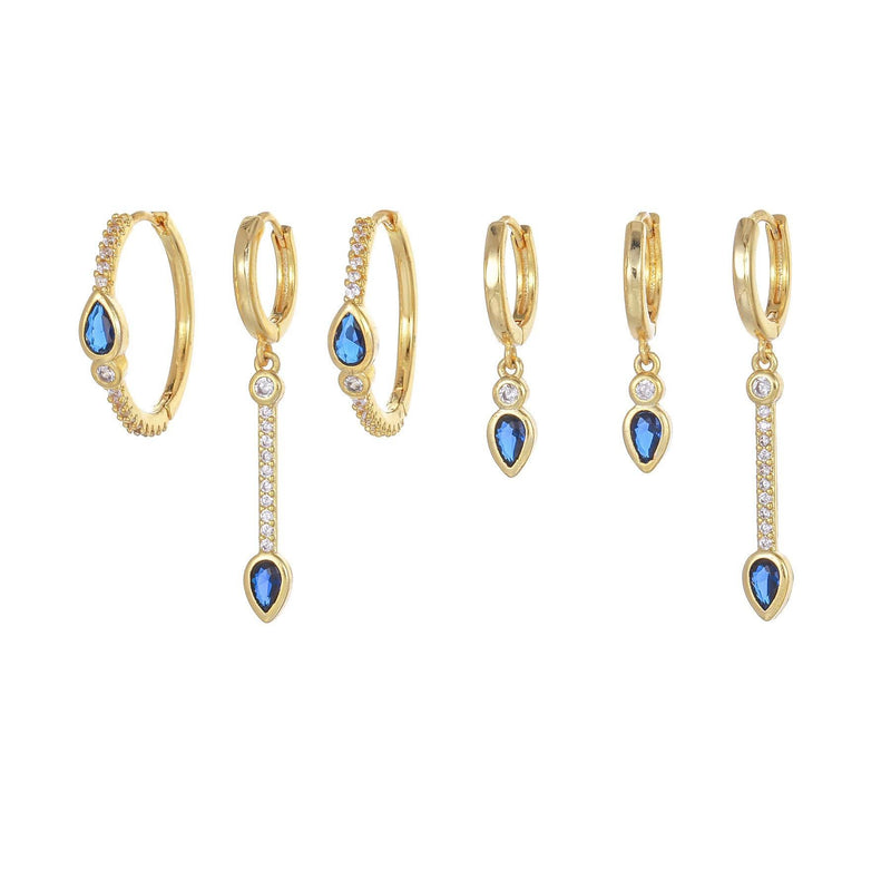 Multi Sets of Blue Flower Pierced Earrings, 4-6pcs, 18k Gold Plated Stud Drop Hoop Huggie Cuff Chain, S925 Needle, Stacked Lobe Designs with Dazzling Zirconia