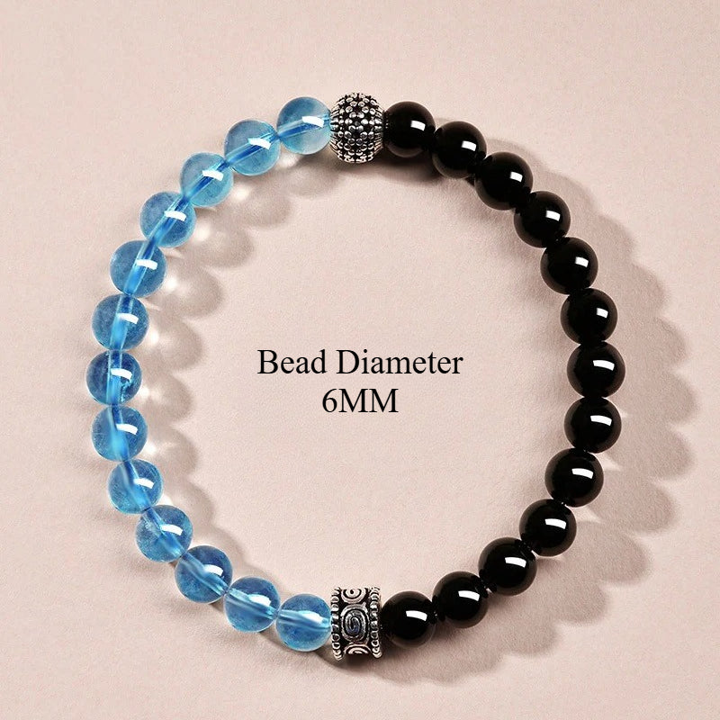 Geometric Black Obsidian & Aquamarine Bracelet in Sterling S - Front View - FITINY Jewelry