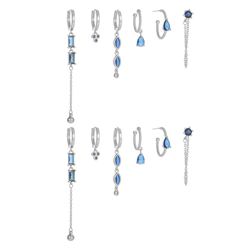 6 Pieces Long Tassel Vintage Earring Set with Micro-Pavé Dazzling Blue Zircons, 18k Gold Plated Ear Studs & Ear Drops, S925 Needle, Stacked Lobe Designs with Dazzling Zirconia