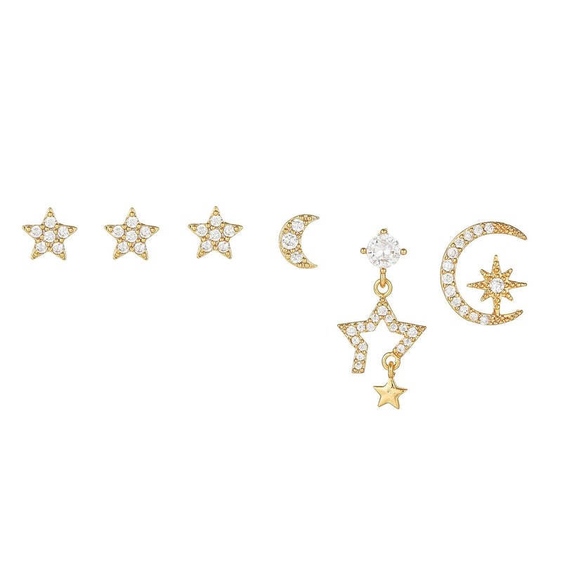 Multi Sets of Chic Star&Moon Earrings, 3-6pcs, 18k Gold Plated Stud Drop Hoop Huggie Cuff Chain, S925 Needle, Stacked Lobe Designs with Dazzling Zirconia