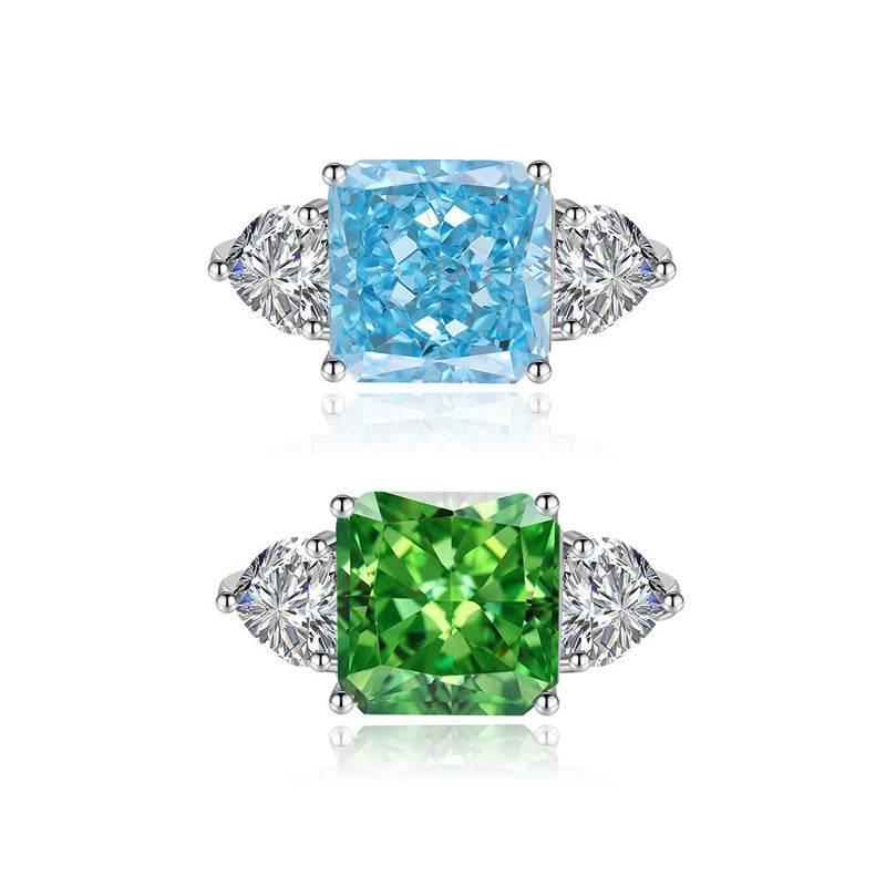 Multicolor Ice Flower Cut Square CZ Adjustable Ring, Blue & Green 10*10mm 8A Main Cubic Zirconia, Two Heart Side CZ, Dainty Luxe - FITINY Jewelry