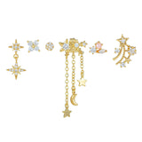 6 Pieces Celestial Bloom Earring Set, 18k Gold Stud Drop, S925 Needle, Stacked Lobe Designs with Dazzling Zirconia