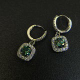 S925 Emerald Green Moissanite Square Halo Earrings with Pavé-Set Halo & Hoop, 1ct D-Grade VVS1 Round Moissanite with GAR certification, Sterling Silver Earrings