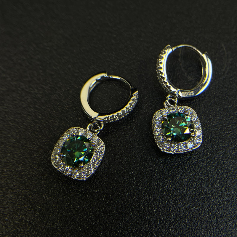 S925 Emerald Green Moissanite Square Halo Earrings with Pavé-Set Halo & Hoop, 1ct D-Grade VVS1 Round Moissanite with GAR certification, Sterling Silver Earrings