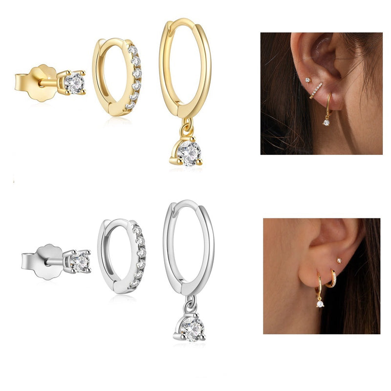 3 Pieces Twinkle Charm LuxeHoop & Stud Earring Set with Zircon, 18k Gold Plated Ear Studs and Drops, Stacked Lobe Earrings