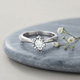 Solitaire Moissanite Ring — 1ct or 2ct Brilliant Round Cut, Six-Prong Setting in Sterling Silver with 18K Gold — lifestyle scene photograph