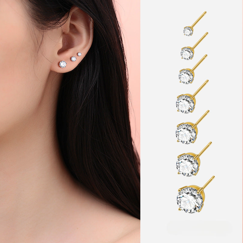 S925 Dazzling Classic 4-Prong CZ Stud Earrings, 2-8mm Round Cubic Zirconia Sterling Silver Earrings, 4 Color Options, Unisex Men Women Daily - Fitiny