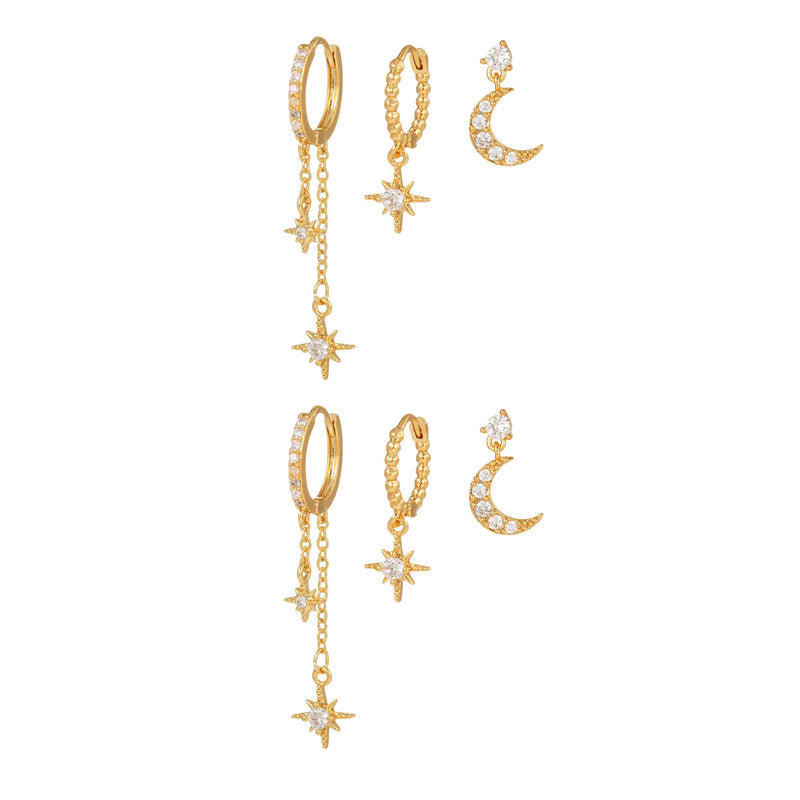 3 Pieces Lunar Starlight Glow Earring Set, 18k Gold and White Gold Stud Drop Hoop, S925 Needle, Stacked Lobe Designs with Dazzling Zirconia
