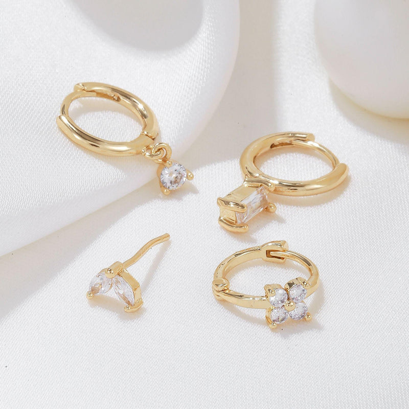 4 Pieces Geometric Zircon Stud Earring Set, 18k Gold Plated Ear Studs and Drops, Trendy Sweet Cool Earrings, S925 Needle, Stacked Lobe Designs with Dazzling Zirconia