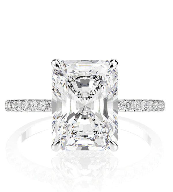 Stunning Radiant Cut CZ Ring, Cubic Zirconia with Pave Band, White Gold Plated Dainty Ring Jewelry for Part Men Women