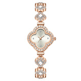 Luxury Women’s Four-Leaf Clover Rhinestone Bracelet Quartz Watch with Diamond-Studded Dial & Bracelet, Elegant Analog Wristwatch for Ladies