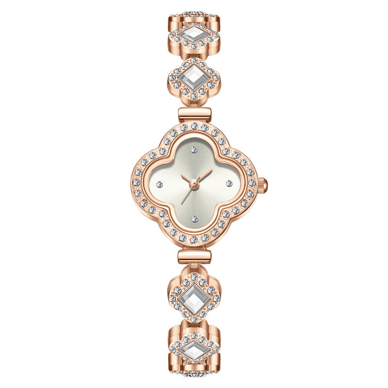 Luxury Women’s Four-Leaf Clover Rhinestone Bracelet Quartz Watch with Diamond-Studded Dial & Bracelet, Elegant Analog Wristwatch for Ladies