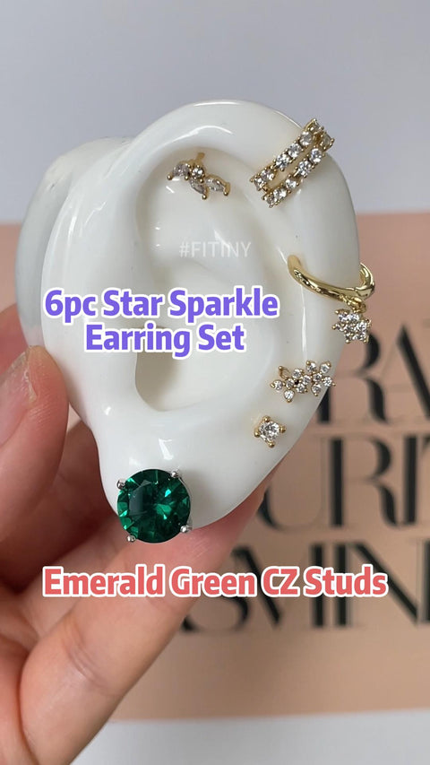 Emerald Green CZ Stud Earrings & Gold Floral Geometric Earring Set – Women’s Dazzling Jewelry