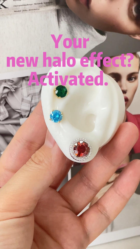 Emerald Green & Klein Blue Moissanite Stud Earrings with Garnet Red Halo – Women’s Sterling Silver Jewelry