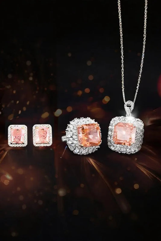 FITINY CZ Jewelry set with pink cubic zirconia gemstones on a dark background for mobile