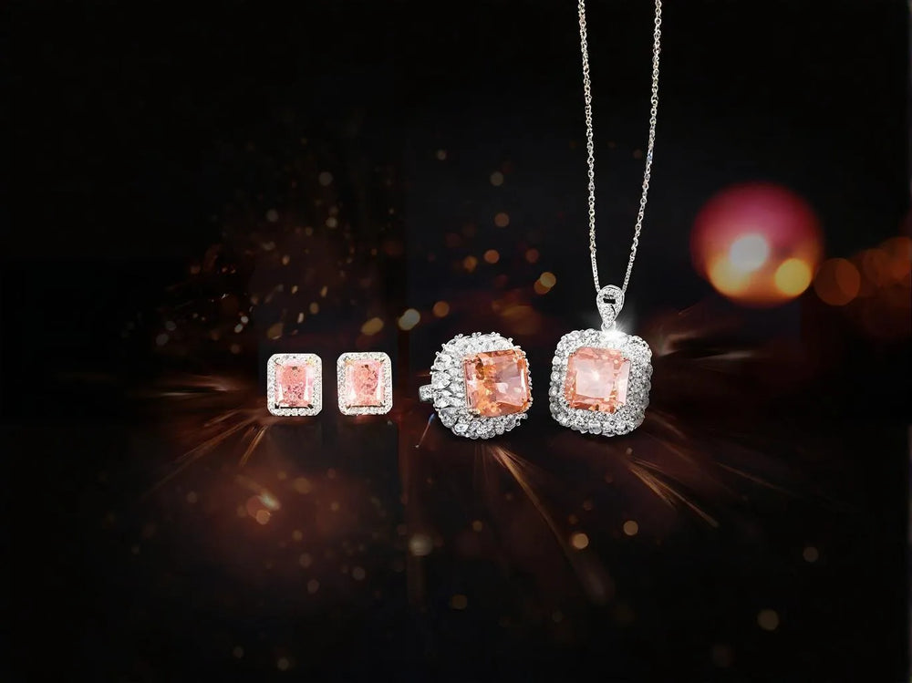 FITINY CZ Jewelry set with pink cubic zirconia gemstones on a dark background