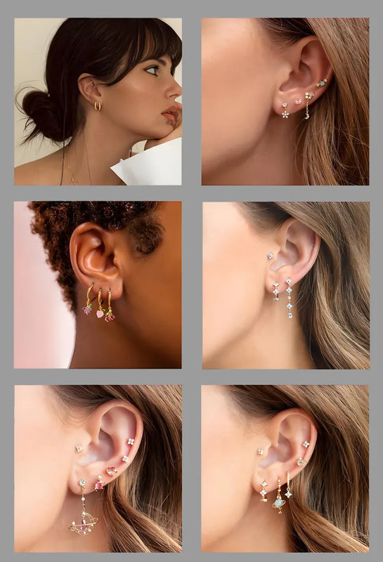 FITINY Stacked Earring Sets worn by models on different ears with a neutral background for mobile