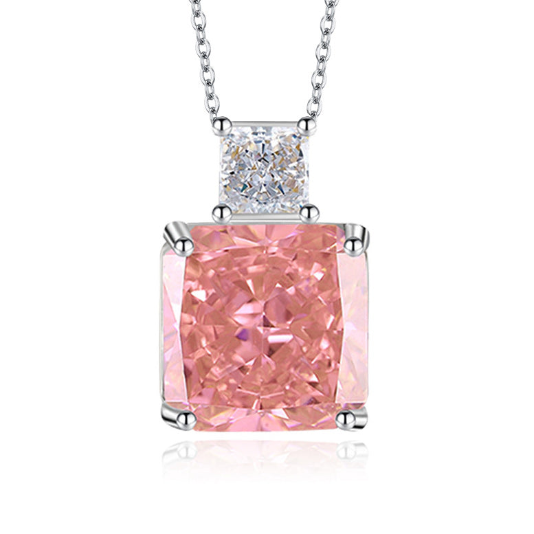 Multicolor Ice Flower Cut CZ Dual Cushion Pendant Necklace, 12*12mm 5A Cubic Zirconia, Dainty Luxe Pendant