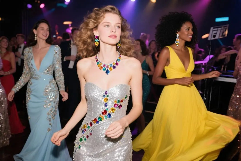 Three women wearing FITINY colorful jewelry like moissanite earrings, necklaces and rings.
