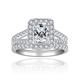 Front view of FITINY moissanite solitaire ring on white background showing radiant-cut center stone and emerald-cut side stones