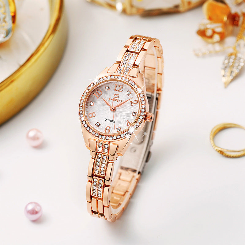 Seno Rhinestone Bracelet Watch, 30M Waterproof, Shimmering Rhinestone & Diamond Dial, Stylish Quartz Wristwatch for Women, Elegant Jewelry Clasp Timepiece