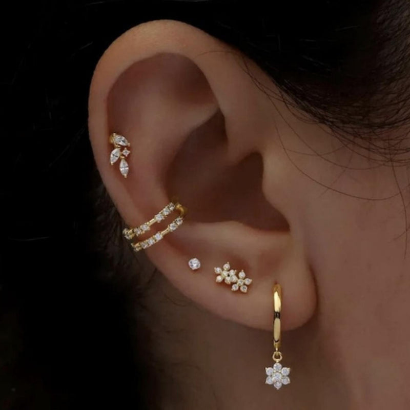 5 Pieces Floral & Geometric Zirconia Earring Set, 18k Gold Plated Studs, Drops & Hoops, Chic Stacked Lobe Cartilage Earrings