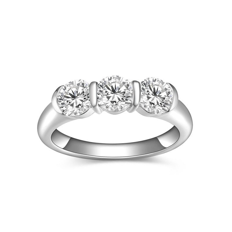 Front view of FITINY three-stone moissanite ring in white gold on white background