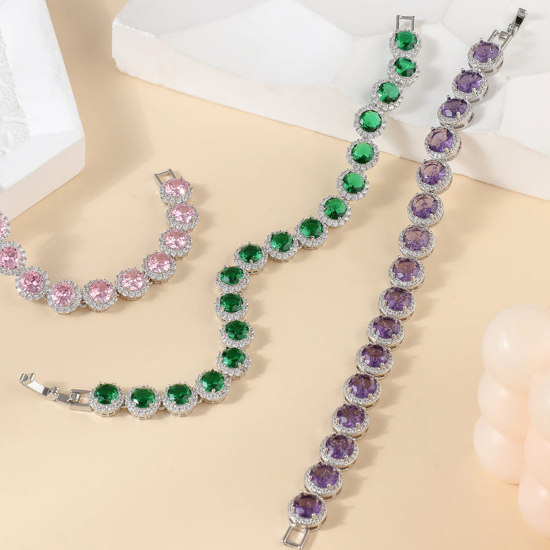 Dazzling Multicolor Cubic Zirconia Round Halo Bracelet, Colored Gem Stones, Adjustable Design, and Unique Patterns
