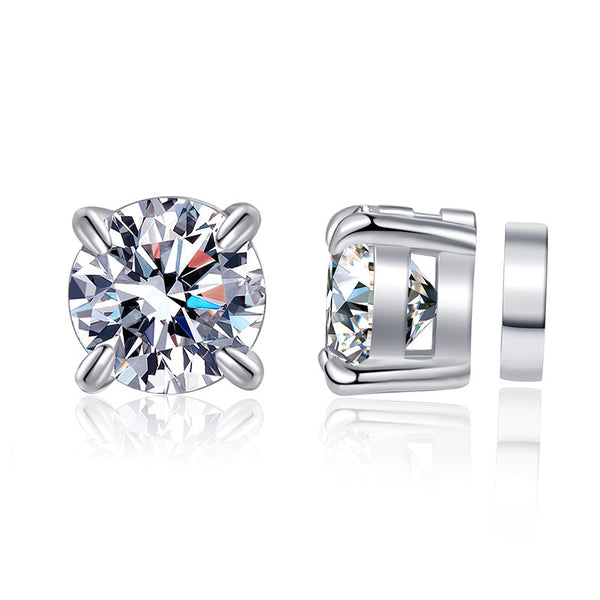 S925 Magnetic Moissanite / CZ Stud Earrings for Men Women, 1ct 6.5mm 4-Prong Round Cut, Inlaid Magnetic Earrings Non-Piercing Clip On Stud Earring