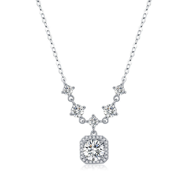 Geometric Square-Cut Moissanite Pendant Necklace in Sterling - Front View - FITINY Jewelry