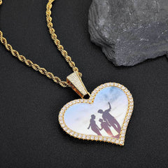 Large Heart Photo Pendant Necklace with Cubic Zirconia Stone - Front View - FITINY Jewelry