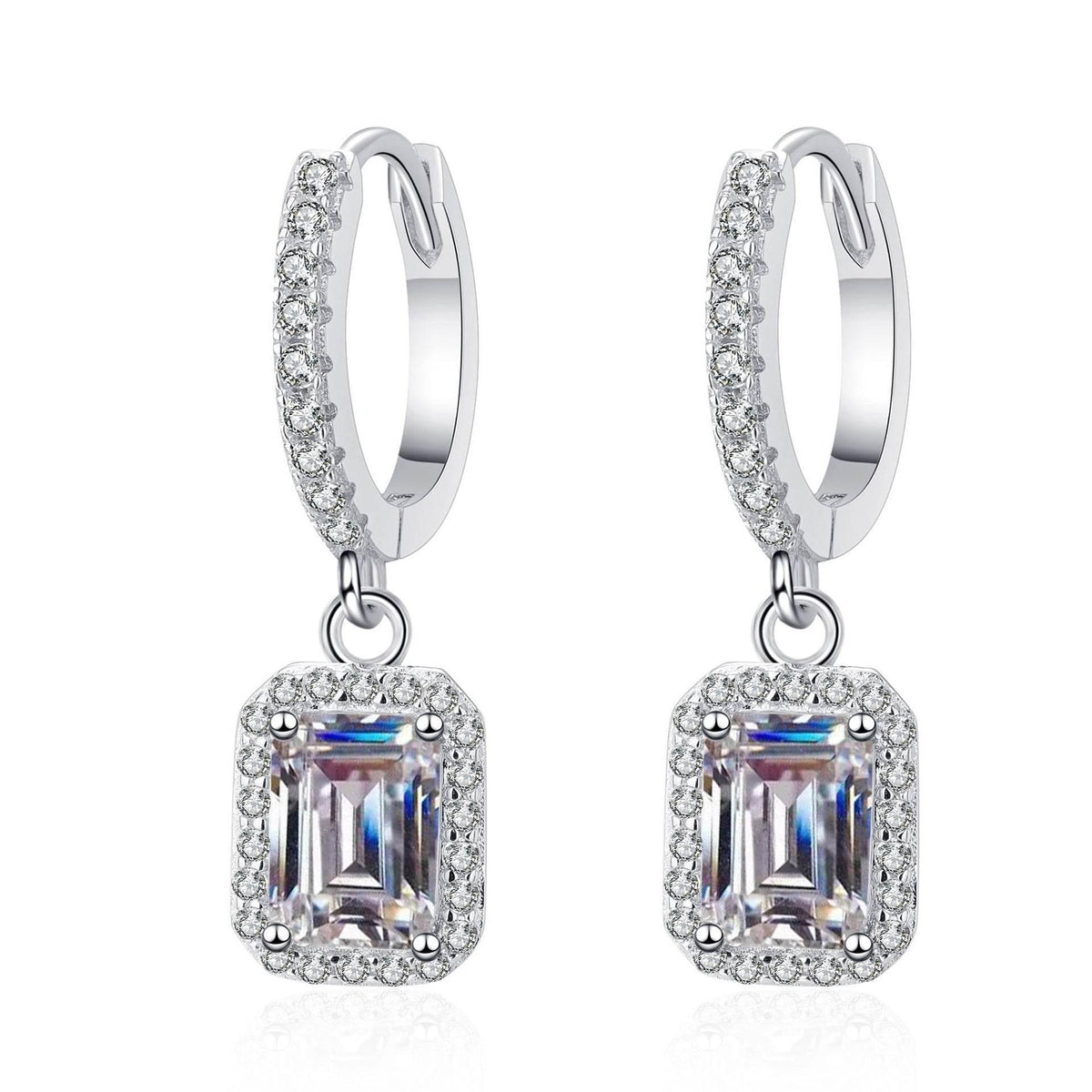 S925 Emerald Cut Moissanite Halo Earrings with Pave Band, 1-2ct Rectangle White Moissanite Sterling Silver, Engagement Wedding Drop Dangle - FITINY Jewelry