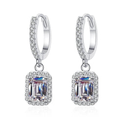 S925 Emerald Cut Moissanite Halo Earrings with Pave Band, 1-2ct Rectangle White Moissanite Sterling Silver, Engagement Wedding Drop Dangle - FITINY Jewelry