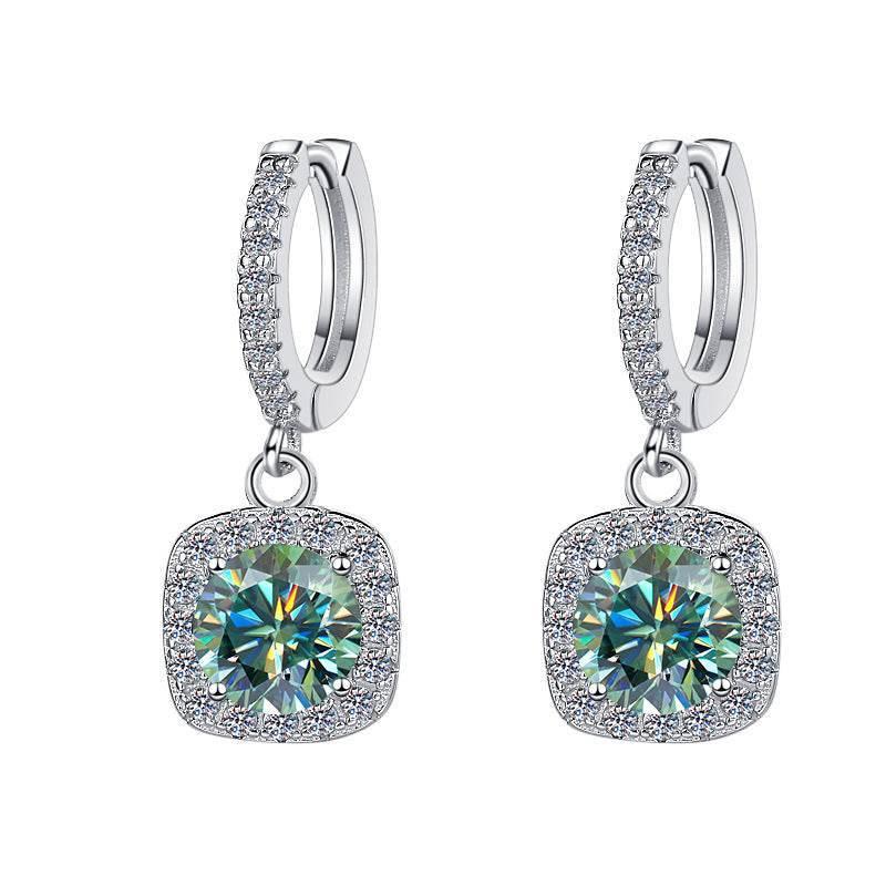 S925 Emerald Green Moissanite or CZ Square Halo Earrings with Pavé-Set Halo & Hoop, 1ct D-Grade VVS1 Round Moissanite with GAR certification, Sterling Silver Earrings - FITINY Jewelry