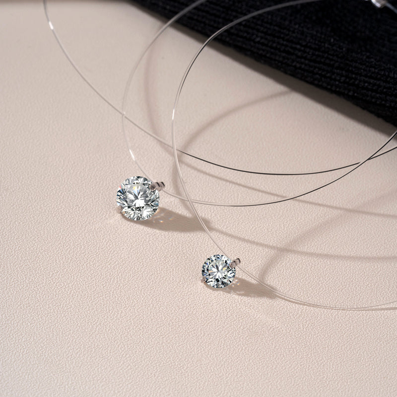 S925 Mermaid Tear Floating CZ Necklace, Sterling Silver Invisible Fishing Line 6-8mm Cubic Zirconia Pendant, 40+5cm Adjustable Dainty Minimalist Choker