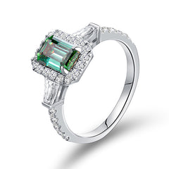 Emerald-Cut Green Moissanite Ring in Sterling Silver with 18 - Front View - FITINY Jewelry