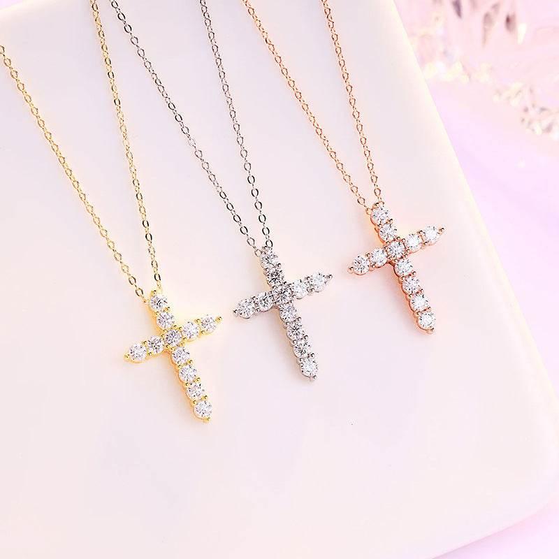 S925 Moissanite Cross Necklace, 3 Color Options, 11 Stones 0.1-0.5ct VVS, Dainty Luxe Clavicle Pendant, Sterling Silver Jewelry - FITINY Jewelry