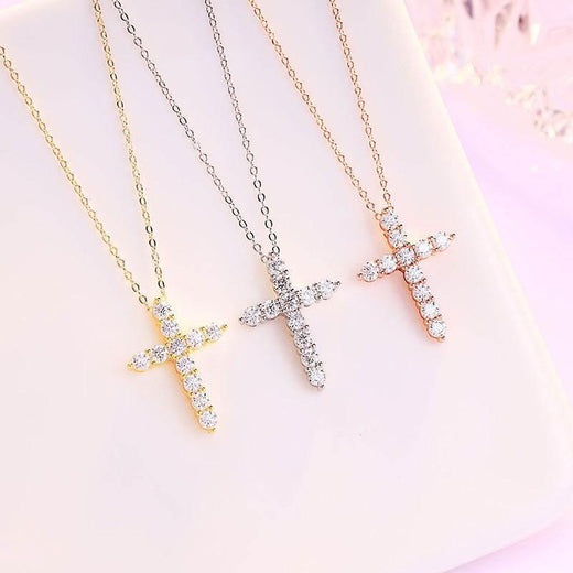 S925 Moissanite Cross Necklace, 3 Color Options, 11 Stones 0.1-0.5ct VVS, Dainty Luxe Clavicle Pendant, Sterling Silver Jewelry - FITINY Jewelry