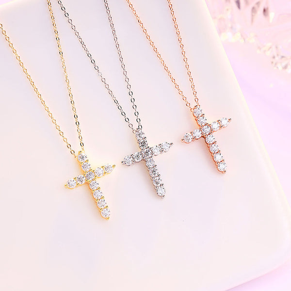 S925 Moissanite Cross Necklace, 3 Color Options, 11 Stones 0.1-0.5ct VVS, Dainty Luxe Clavicle Pendant, Sterling Silver Jewelry