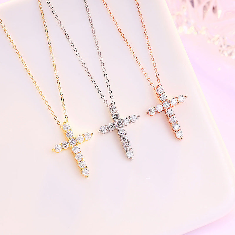 S925 Moissanite Cross Necklace, 3 Color Options, 11 Stones 0.1-0.5ct VVS, Dainty Luxe Clavicle Pendant, Sterling Silver Jewelry