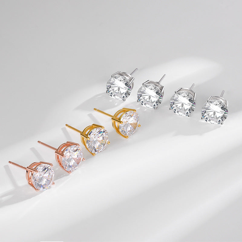S925 Dazzling Classic 4-Prong CZ Stud Earrings, 2-8mm Round Cubic Zirconia Sterling Silver Earrings, 4 Color Options, Unisex Men Women Daily - Fitiny