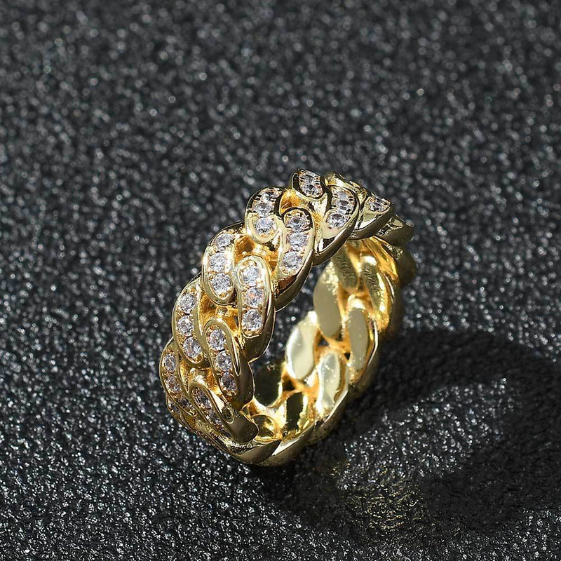 8mm Cuban Link Ring with Cubic Zirconia Stones in Gold or Wh - Front View - FITINY Jewelry
