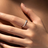 Side profile showing low-profile moissanite setting and polished sterling silver band