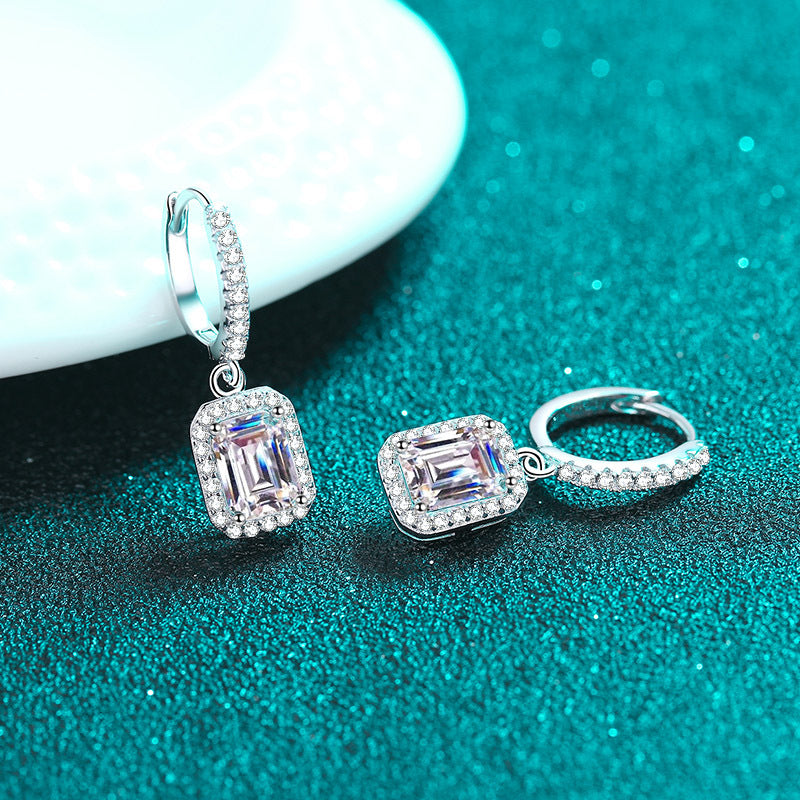 S925 Halo Emerald-Cut Moissanite Earrings,  1-2 Carat Moissanite Sterling Silver Earring with Pave Band